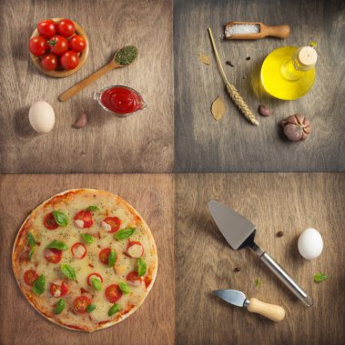 Pizza maddeleri, besin malzemeleri ahşap masa, üstten görünüm