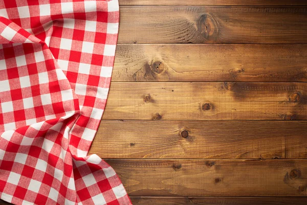 Checked Table Cloth Wooden Surface Background Top View — Stock Photo, Image