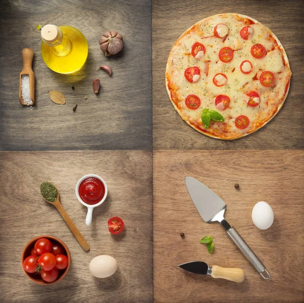 Pizza Och Mat Ingredienser Träbord Ovanifrån — Stockfoto