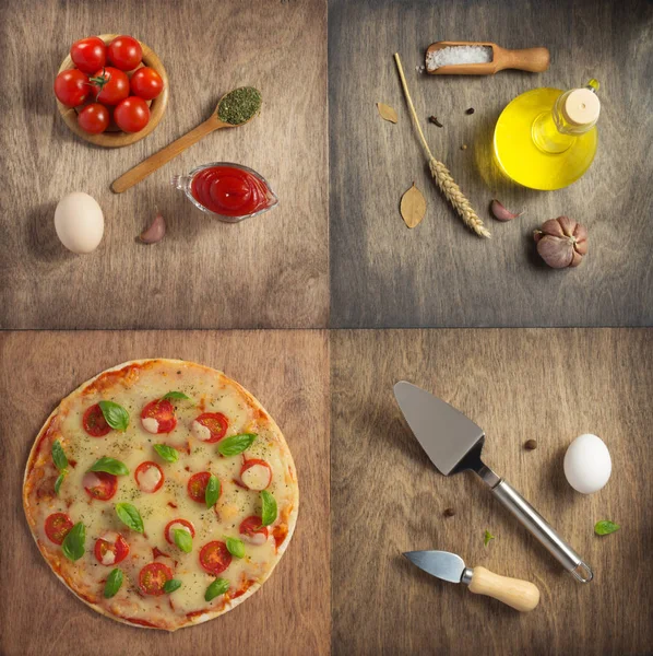 Pizza Och Mat Ingredienser Träbord Ovanifrån — Stockfoto