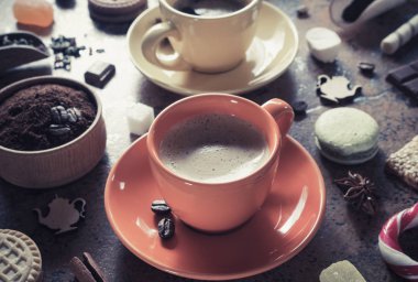 fincan kahve, çay ve kakao, tablo arka planı