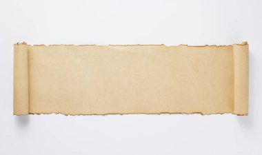 Eski yaşlı kağıt parşömen üzerine beyaz arka plan, üstten görünüm