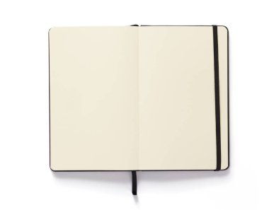 Açık Not defteri veya boş sayfaları kitap beyaz arka planda, üstten görünüm