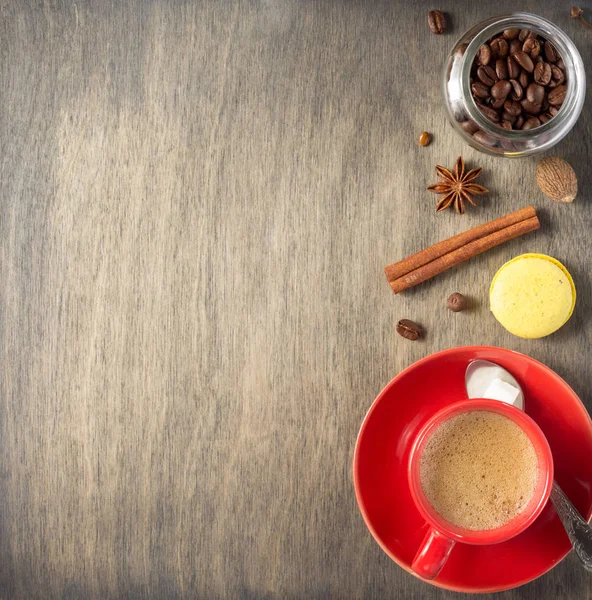 Csésze Kávé Bab Fából Készült Háttér Felülnézet — Stock Fotó