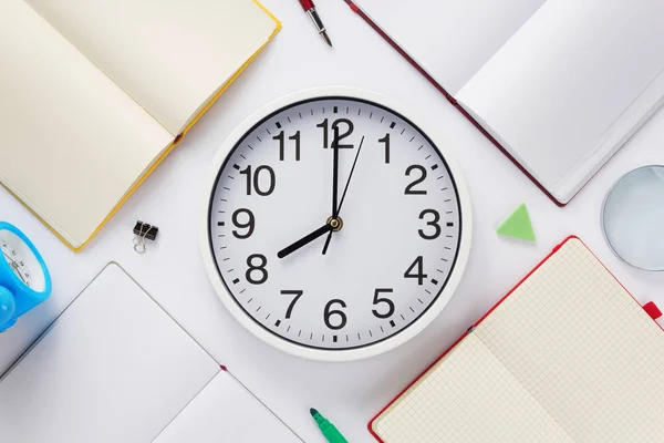 School Accessories Wall Clock Notebook Top View — Stock Photo, Image