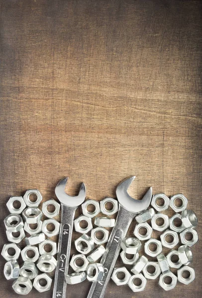 Wrench Tools Metal Nuts Wooden Background Top View — Stock Photo, Image