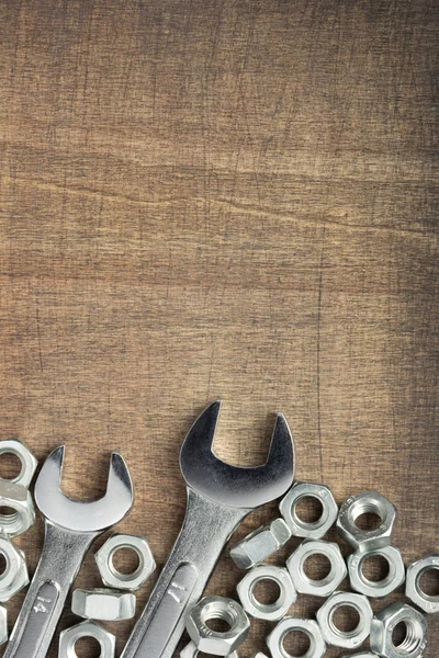 Wrench Tools Metal Nuts Wooden Background Top View — Stock Photo, Image