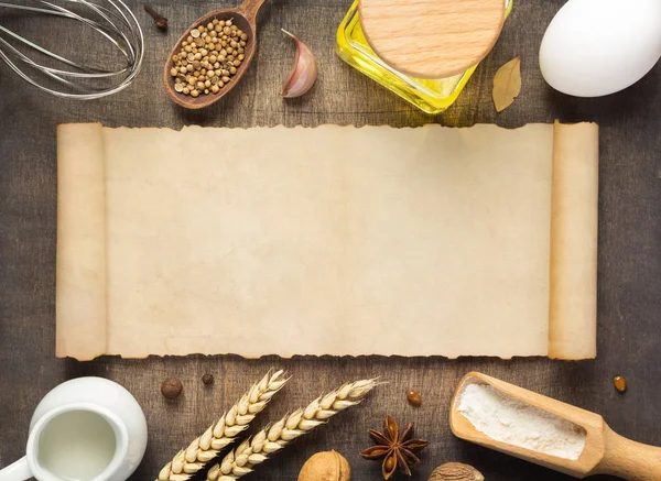 Bakkerij Brood Ingrediënten Houten Achtergrond Bovenaanzicht — Stockfoto