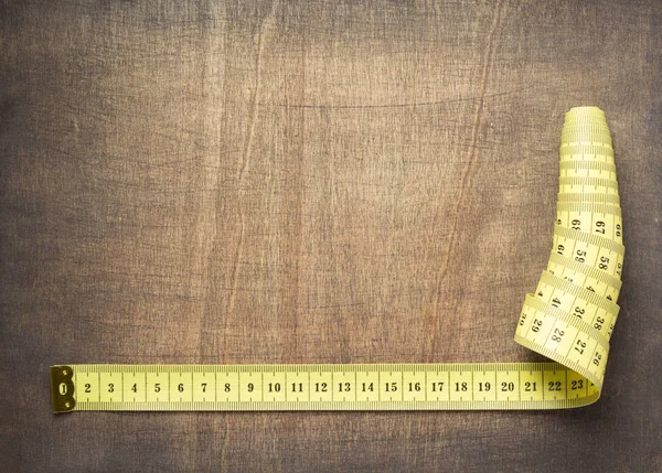 Tape Measure Wooden Table Background Top View — Stock Photo, Image