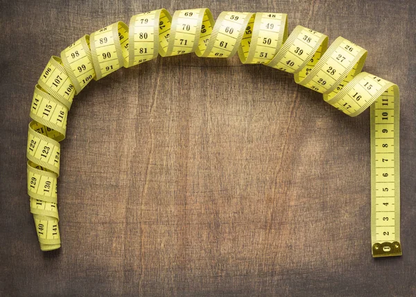 Tape Measure Wooden Table Background Top View — Stock Photo, Image