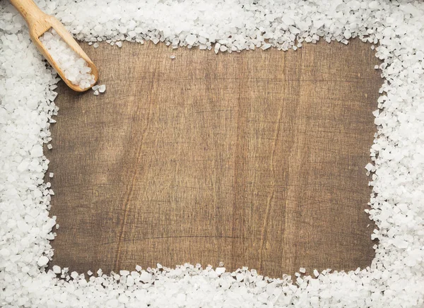 Sal Marina Especia Sobre Fondo Mesa Madera Vista Superior — Foto de Stock