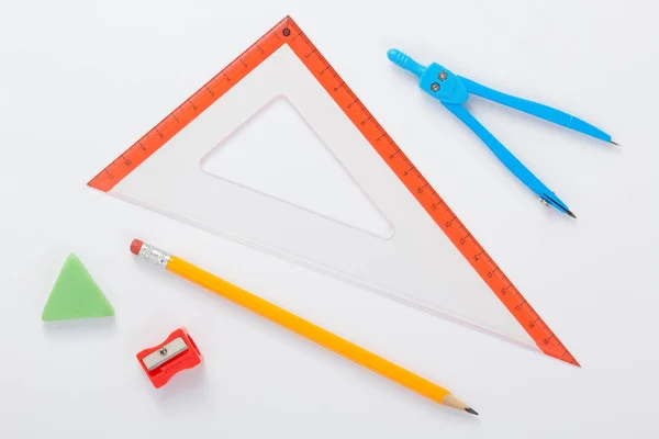 School set and ruler at white background — Stock Photo, Image