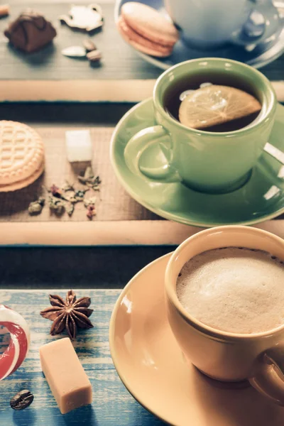 Kopje koffie, cacao en thee — Stockfoto