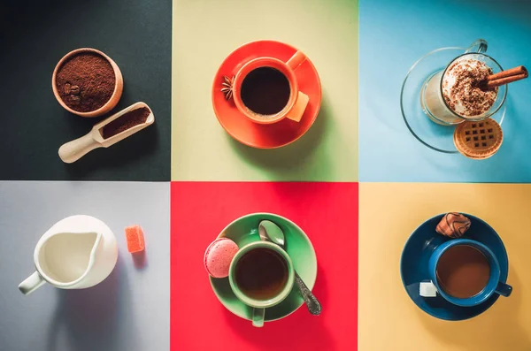 Чашка кофе, чай и какао на красочном фоне — стоковое фото