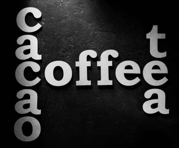 coffee, cacao and tea letters on abstract backgroun