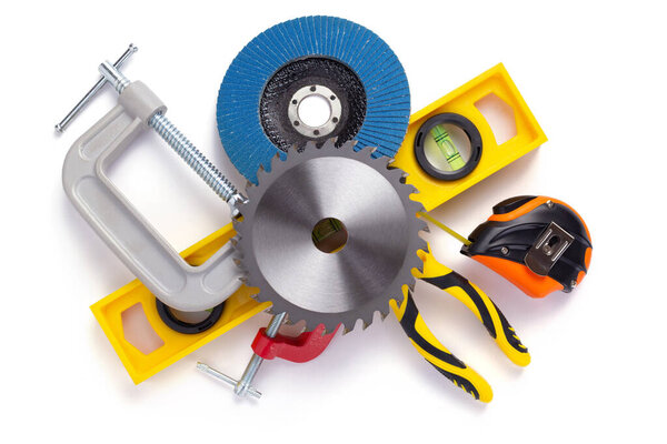 set of construction tools isolated at white background, top view