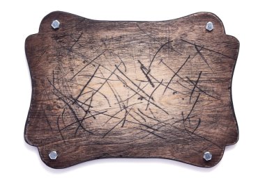 Beyaz arkaplanda yaşlandırılmış ahşap isim levhası veya duvar işareti izole