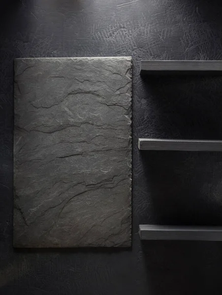 Slate Stone Wall Shelf Black Background Texture — Stock Photo, Image