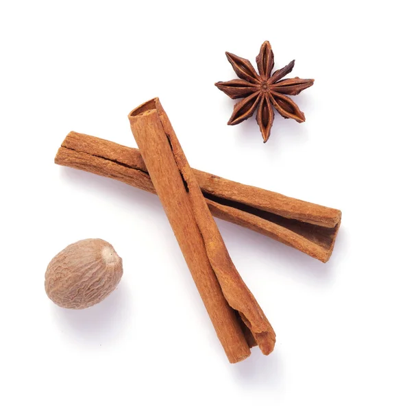 Spices Cinnamon Stick Anise Star Nutmeg Isolated White Background — Stock Photo, Image