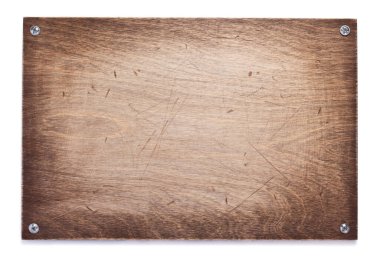 Beyaz arkaplanda yaşlandırılmış ahşap isim levhası veya duvar levhası izole edildi