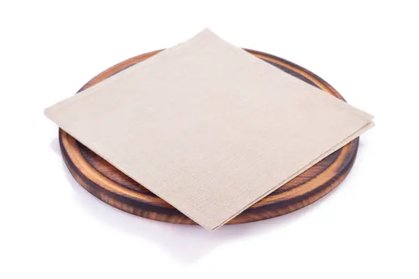Pizza Cutting Wooden Board Napkin Table Cloth Isolated White Background — Stock Photo, Image