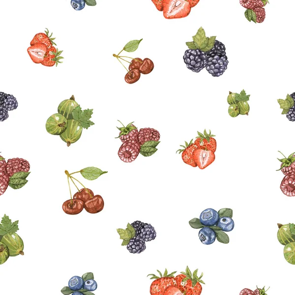 Watercolor hand drawn berry seamless pattern. Painted isolated mixed berry set illustration on white background. Fresh trawberry, raspberry, gooseberry, blueberry, blackberry, cherry are drawn with watercolor.