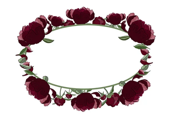 Cadre Ovale Floral Fleurs Pivoineuses Rouge Foncé Bourgeons Feuilles Avec — Image vectorielle