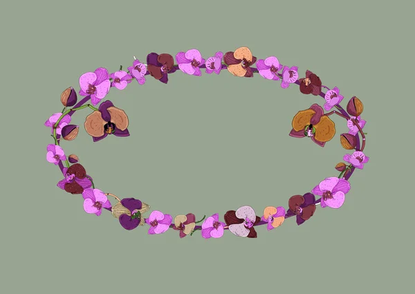 Cadre Ovale Floral Fleurs Orchidées Bourgeons Sur Fond Vert Avec — Image vectorielle