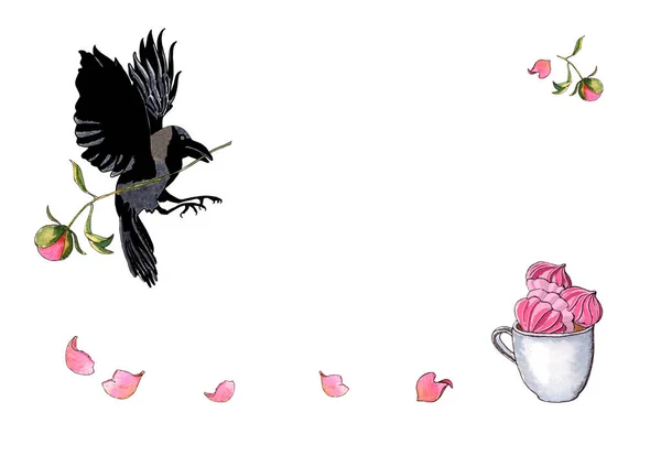 Акварель Ручной Работы Иллюстрация Летающего Ворона Пионерским Бутоном Чашка Безе — стоковое фото