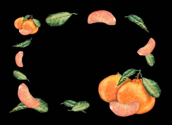Akvarell üdvözlés, vagy meghívást kártya mandarin gyümölcsök, fekete háttér. — Stock Fotó