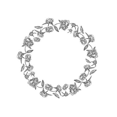 Güzel Şakayık yuvarlak çerçeve - vektör siyah beyaz.