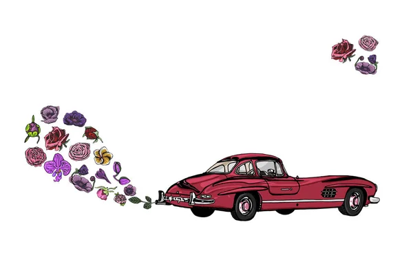 Voiture vintage colorée avec de belles fleurs, dessinée à la main . — Image vectorielle
