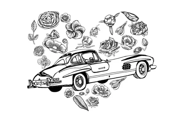 Auto rétro avec de belles fleurs, dessinées à la main en noir et blanc — Image vectorielle