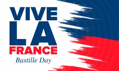 Fransa 'da Bastille Günü. Ulusal mutlu bayramlar, her yıl 14 Temmuz 'da kutlanıyor. Fransız bayrağı. Fransa bağımsızlık ve özgürlük. Vatansever unsurlar. Şenlik tasarımı. Vektör poster illüstrasyonu