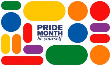 Haziran ayında LGBT Gurur Ayı. Lezbiyen Gey Biseksüel Transseksüel. Yıllık kutlama. LGBT bayrağı. Gökkuşağı aşk konsepti. İnsan hakları ve hoşgörü. Poster, kart, afiş ve geçmiş. Vektör ilüstrasyonu