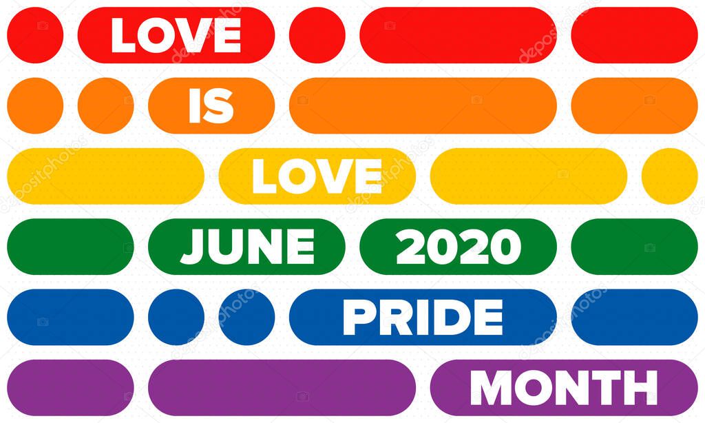 LGBT Pride Month in June. Lesbian Gay Bisexual Transgender. Celebrated annual. LGBT flag. Rainbow love concept. Human rights and tolerance. Poster, card, banner and background. Vector ilustration