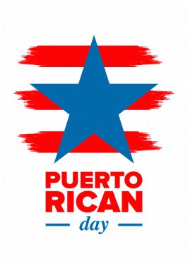 Porto Riko Günü. Ulusal mutlu tatiller. Bağımsızlık ve özgürlük onuruna festival ve geçit töreni. Porto Riko bayrağı. Latin Amerika ülkesi. Vatansever unsurlar. Vektör poster illüstrasyonu