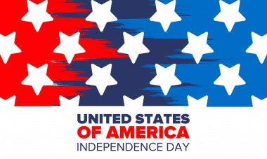 Amerika Birleşik Devletleri 'nde Bağımsızlık Günü. 4 Temmuz 'da. Ulusal bayramın kutlu olsun, 4 Temmuz 'da kutlandı. Amerikan bayrağı. Ülke özgürlüğü günü. Vatansever olay tasarımı. Vektör posteri