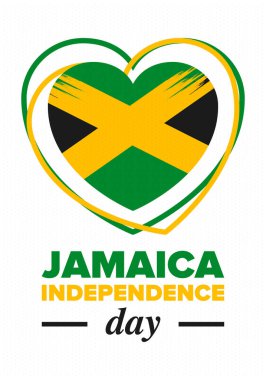 Jamaika Bağımsızlık Günü. Jamaika 'nın bağımsızlığı. Tatil, 6 Ağustos 'ta yıllık kutlama. Jamaika bayrağı. Vatansever unsur. Poster, tebrik kartı, afiş ve geçmiş. Vektör illüstrasyonu