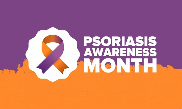 Psoriasis Awareness Month in August. Educate, inform, prevention in United States. Dermatology, skin body problems. Health care. Orchid and Orange ribbon. Poster, card, banner and background. Vector