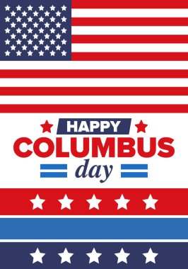 Amerika 'da Kolomb Günü' n kutlu olsun. Ulusal bayram, yıllık kutlamalar Ekim 'de. Amerikan Günü. Columbus 'un onuru. Vatansever Amerikan unsurları. Poster, kart, afiş, geçmiş. Vektör illüstrasyonu