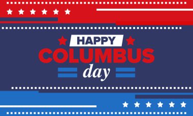 Amerika 'da Kolomb Günü' n kutlu olsun. Ulusal bayram, yıllık kutlamalar Ekim 'de. Amerikan Günü. Columbus 'un onuru. Vatansever Amerikan unsurları. Poster, kart, afiş, geçmiş. Vektör illüstrasyonu