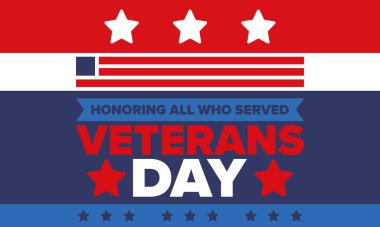 Birleşik Devletler 'de Gaziler Günü. Federal bayram, her yıl 11 Kasım 'da kutlanır. Hizmet eden herkesi onurlandırmak. Vatansever Amerikan askeri konsepti. Poster, kart, afiş ve geçmiş. Vektör illüstrasyonu