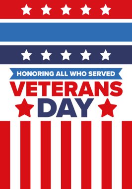 Birleşik Devletler 'de Gaziler Günü. Federal bayram, her yıl 11 Kasım 'da kutlanır. Hizmet eden herkesi onurlandırmak. Vatansever Amerikan askeri konsepti. Poster, kart, afiş ve geçmiş. Vektör illüstrasyonu