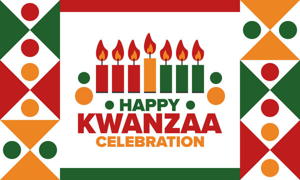 Счастливого праздника Кванзы. Праздник африканской и афроамериканской культуры. Семидневный фестиваль, отмечается ежегодно с 26 декабря по 1 января. Черная история. Плакат, открытка, баннер и фон. Вектор