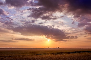 Yaz manzara: gün batımı veya gündoğumu açık alan. Gün batımı sırasında çayır üzerinde kara bulutlar