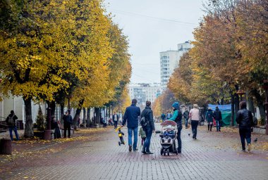 Ukrayna. Hmelnitski. Ekim 2016. Yol kenarında sonbaharda yağışlı havalarda ağaçlarda ile şehrin merkezi sokak