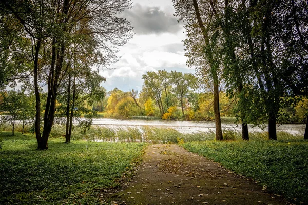 Parkta sonbaharda nehre giden yol. Sonbahar manzara nehir ve ağaçları ile