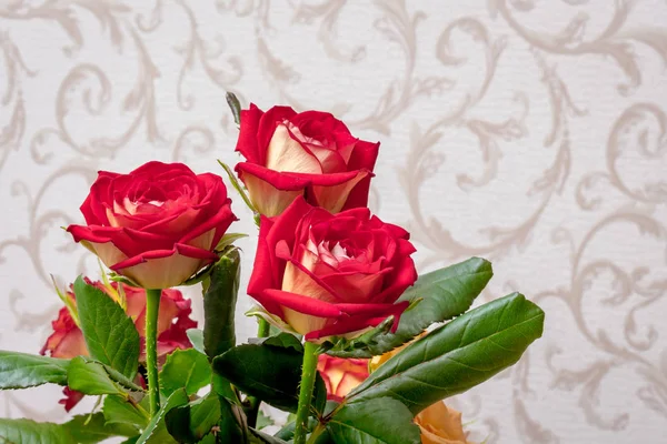 Buquê Rosas Vermelhas Fundo Papel Parede Sala Para Saudações Com — Fotografia de Stock