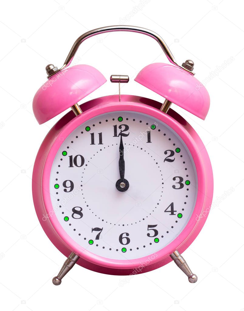 Pink clock on white isolated background, which shows 12 hours. The New Year has come